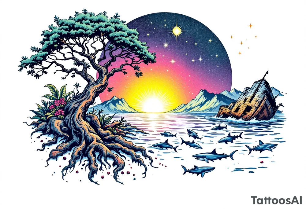 tattoo that has an acacia tree with mountains, ocean with a ship wreck with sharks and the northern star tattoo idea