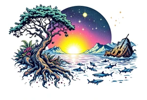 tattoo that has an acacia tree with mountains, ocean with a ship wreck with sharks and the northern star tattoo idea
