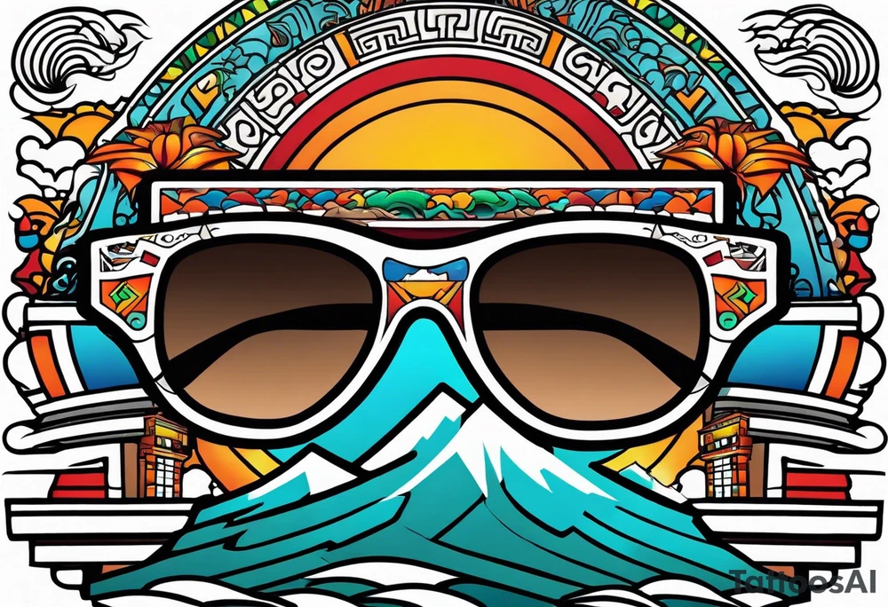 Colorful Mayan hieroglyph with sunglasses reflecting Chichen itza. Bats and waves tattoo idea