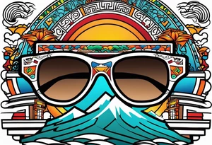 Colorful Mayan hieroglyph with sunglasses reflecting Chichen itza. Bats and waves tattoo idea