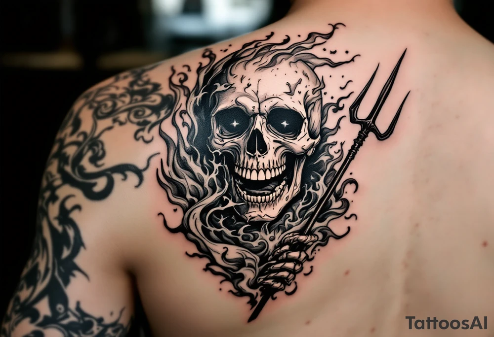 laughing skeleton with a trident, surrounded by fire and water tattoo idea
