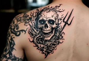 laughing skeleton with a trident, surrounded by fire and water tattoo idea
