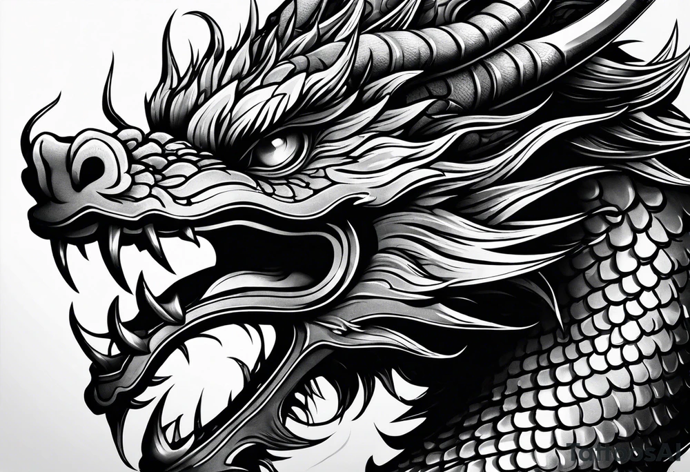 Animal head of a chinese dragon who is angry and has no body tattoo idea
