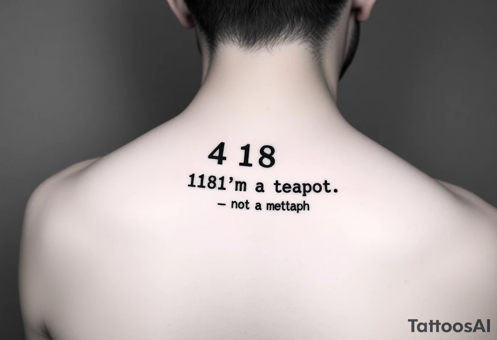 "Minimalist black tattoo of a server error message:  
'418: I’m a Teapot' in pixelated font.  
Below: tiny 'This is not a metaphor' in Comic Sans.  

Style: Glitch art. Placement: Inner arm. No colors." tattoo idea