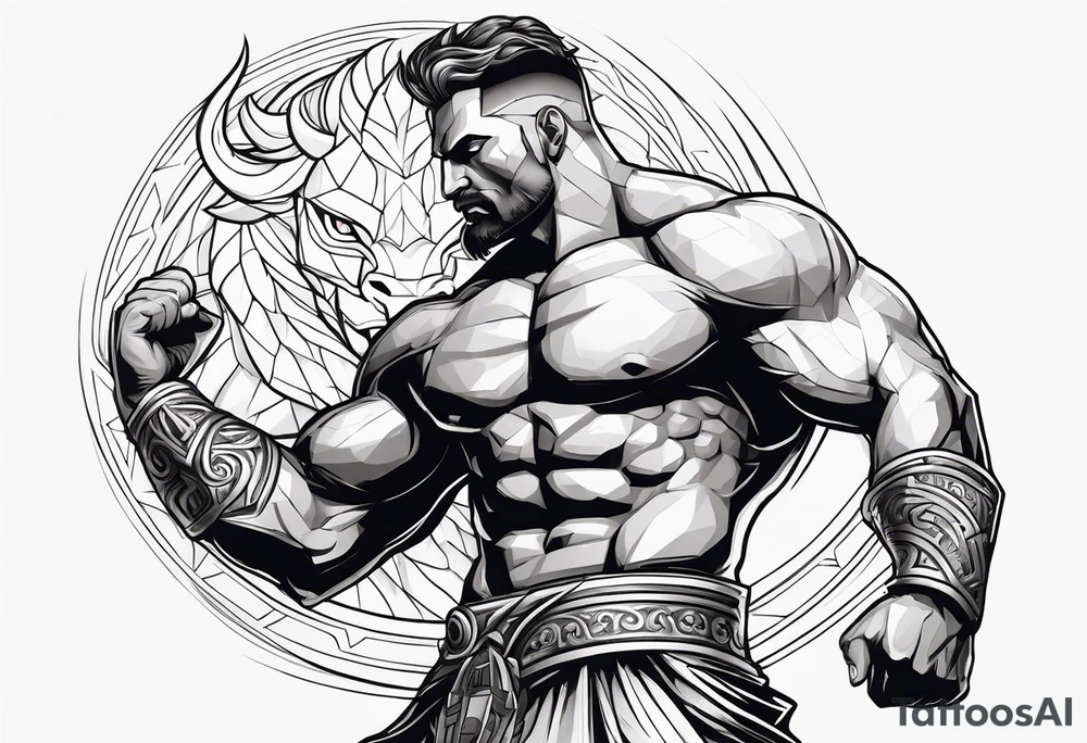 a muscular man like a Greek god slaying/mastering a ferocious beast tattoo idea