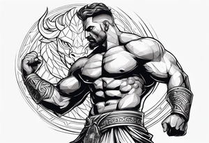 a muscular man like a Greek god slaying/mastering a ferocious beast tattoo idea