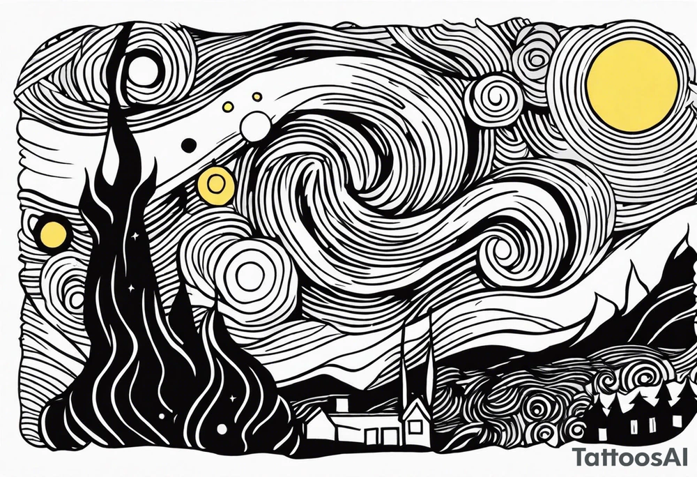 the starry night from van gogh but in tradi tattoo (old school) tattoo idea