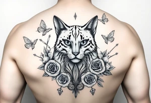 Elegant Egyptian feline surrounded by rose ornaments and butterflies tattoo idea