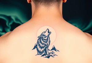 lone wolf howling at full moon with northern lights backdrop tattoo idea