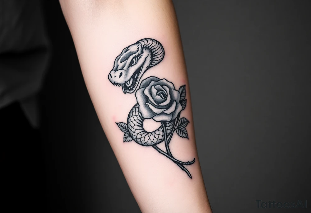 powerful majestic snake wrapped around rose stem tattoo idea