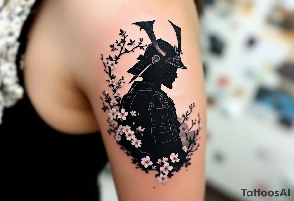 noble samurai warrior silhouette at sunset with cherry blossoms tattoo idea