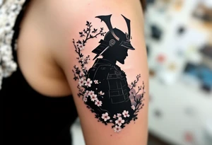 noble samurai warrior silhouette at sunset with cherry blossoms tattoo idea