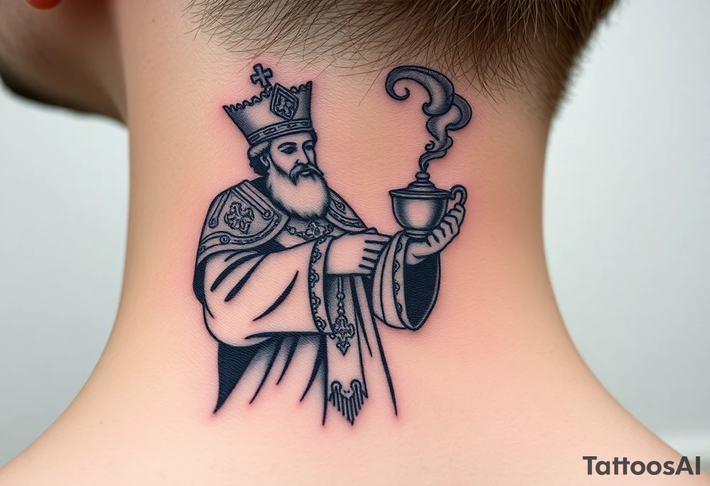 Russian Orthodox Priest in a fully detailed gold vestment swinging a censer with smoke curling upward tattoo idea