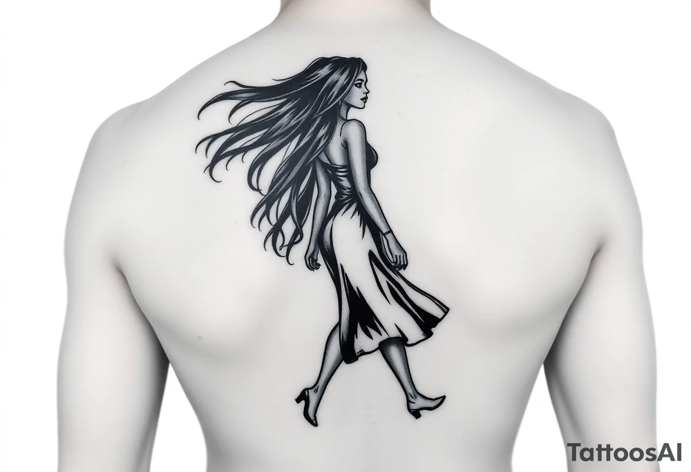 Black woman with long hair walking tattoo idea