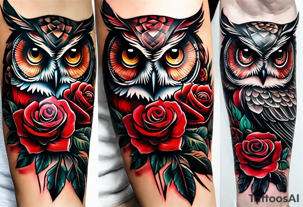 Color owl. 
Three red roses 
On the forearm tattoo idea