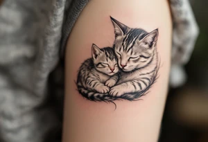 A cat and kitten in black ink intertwined in sleep represents warmth, trust, and quiet love. tattoo idea