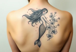 ethereal mermaid with flowing hair among coral and sea flowers tattoo idea
