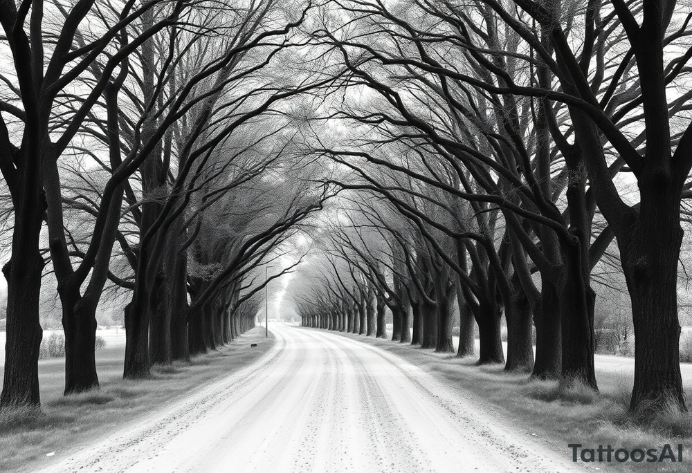 Tree-lined dirt road. Road is rough, little shoulder. Deciduous trees arch across it, meeting in the middle. 

Road should be rougher, more rural. Branches start lower. The trees in the foreground should be bigger — perspective has road getting smaller. tattoo idea