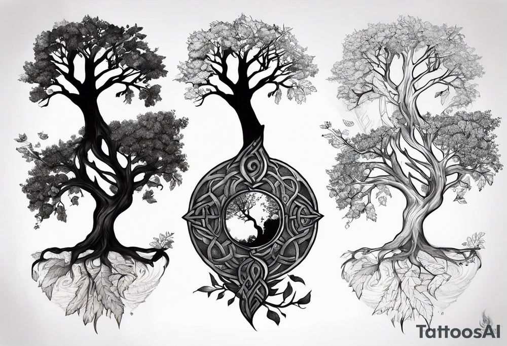 Tattoo of the norse world tree, one half is rotten, the other is full of leaves tattoo idea