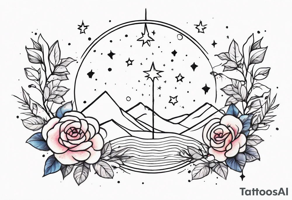 Pulsar with small roses and stars around it tattoo idea