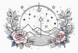 Pulsar with small roses and stars around it tattoo idea