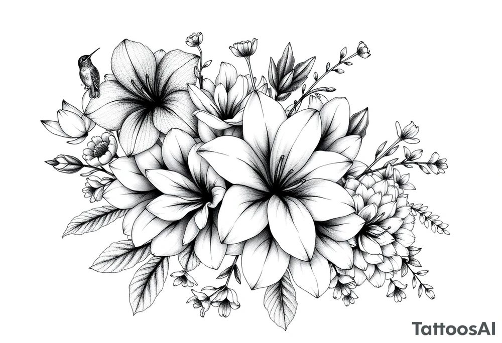 Can you create an image of a tattoo that will go on my upper arm including the following floral arrangement done very light handed and with soft lines- 1 large violet, 1 large carnation, 1 large lily of the valley, 1 large narcicuss, 1 medium carnation, 1 medium violet, 1 small dafodil, 2 small water lillies, and 1 small chrysanthemum. Add a small hummingbird drinking out of the large narcicuss. I want it on my upper right arm on the outside but slightly wrapping around the outer arm. I would like some greenery to fill in spaces as well. Make it large enough to fill my upper arm. I want the flowers to have dramatic and realistic shading. Make the tattoo more vertical than horizontal and put it on a female's arm with medium tan skin. tattoo idea