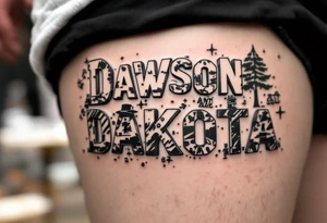 Dawson and Dakota spelled with legos and trucks and animals tattoo idea