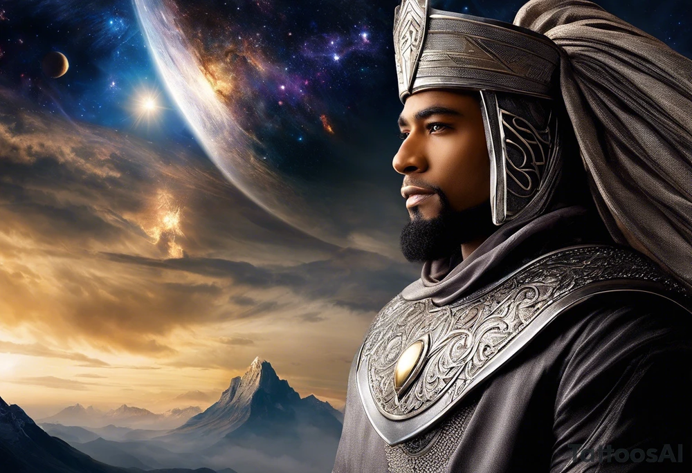 Jehovah looking out at the marvels of his creation from the atoms to the galaxy and celestial beings. With grey wash and a fantasy theme. Jehovah has to be a character who is so majestic, charismatic, immensely powerful. There isnt a single thing he isnt capable of doing. Infinitely powerful forward facing. Without the pagan styled attire and without the pagan symbols etcetera, shirtless, large muscular athletic physique, deep muscle definition tattoo idea