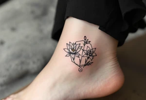 Leo sign, larkspur and water lily surrounded by a hexagon tattoo idea