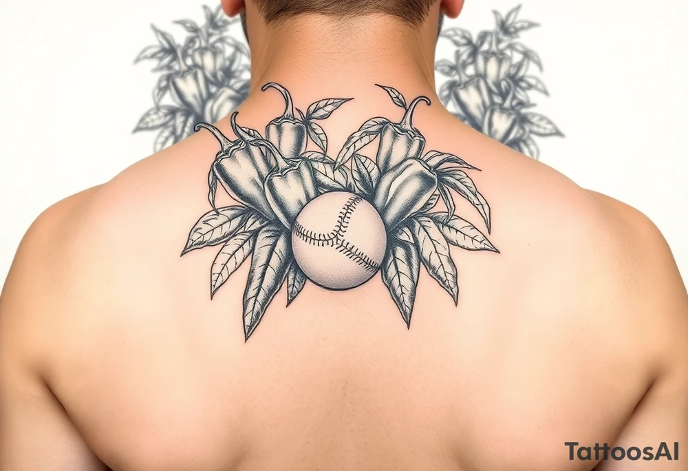 Super hot pepper plants, hot sauce, baseball, acoustic guitar, trumpet, with a gardening background tattoo idea