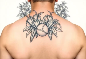 Super hot pepper plants, hot sauce, baseball, acoustic guitar, trumpet, with a gardening background tattoo idea