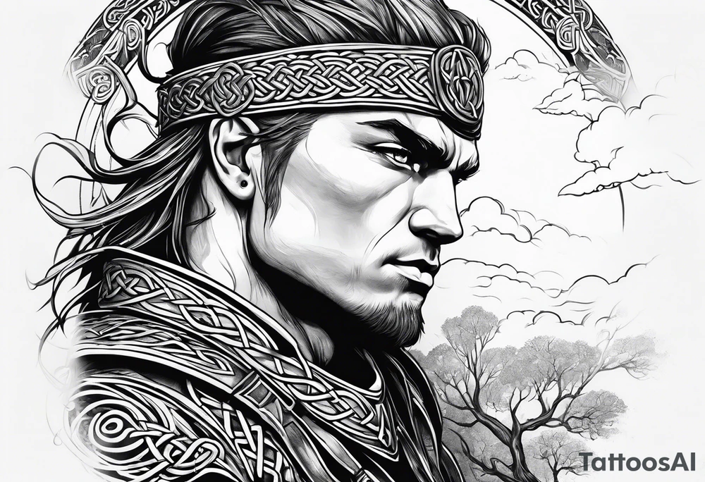 Celtic warrior facing left with trees I'm background tattoo idea