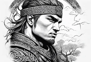 Celtic warrior facing left with trees I'm background tattoo idea