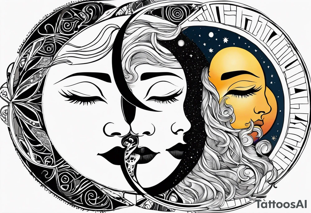 sun and the moon, the overlap
the sun has a woman's half 
face, and the moon, a man's face half tattoo idea