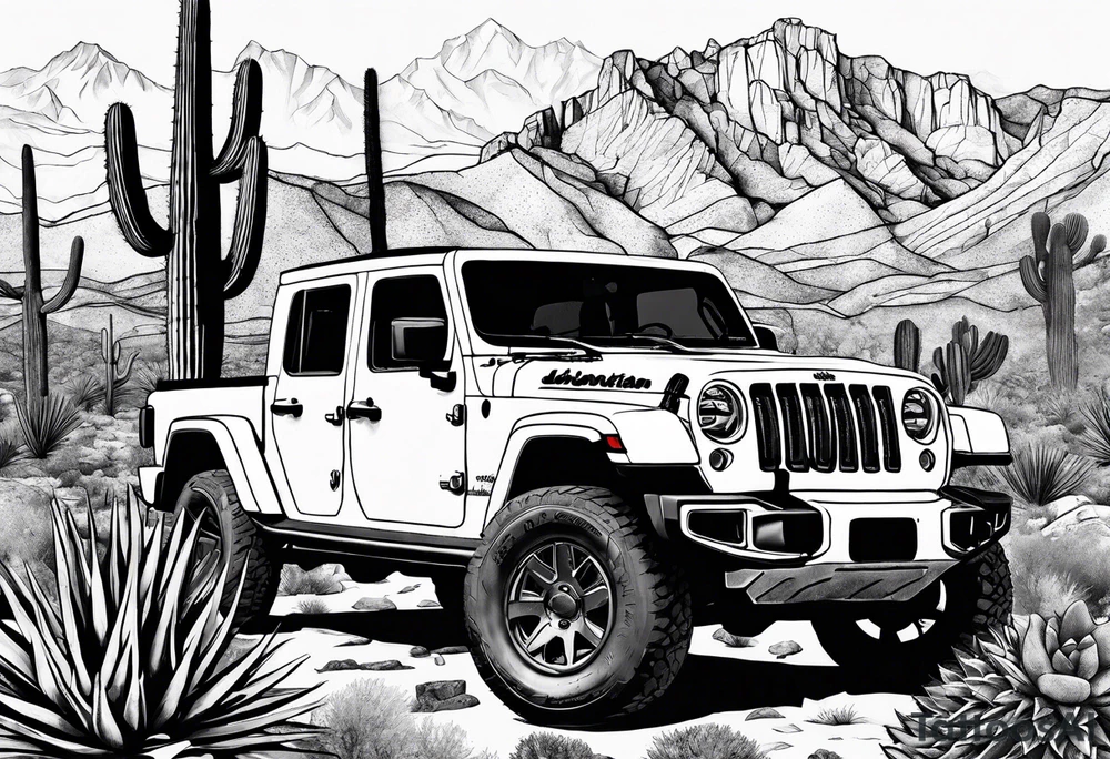 A dessert mountain with a jeep gladiator beside a cactus and a donkey tattoo idea
