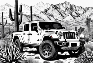 A dessert mountain with a jeep gladiator beside a cactus and a donkey tattoo idea