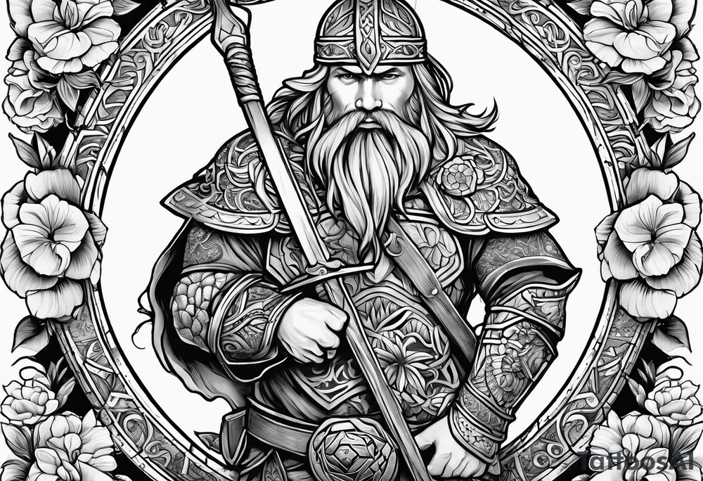 Full Sleeve and chest, Viking, Hawaiian, sea Turtle, flowers tattoo idea