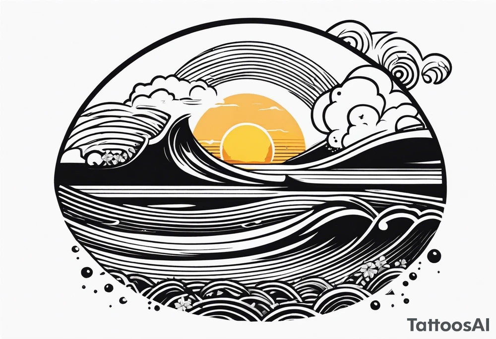 Hawaian beach with a big sun and many small waves, only black and white tattoo idea