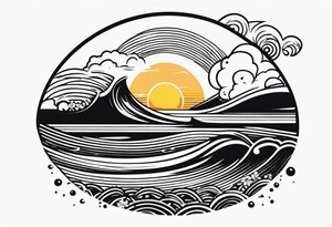 Hawaian beach with a big sun and many small waves, only black and white tattoo idea