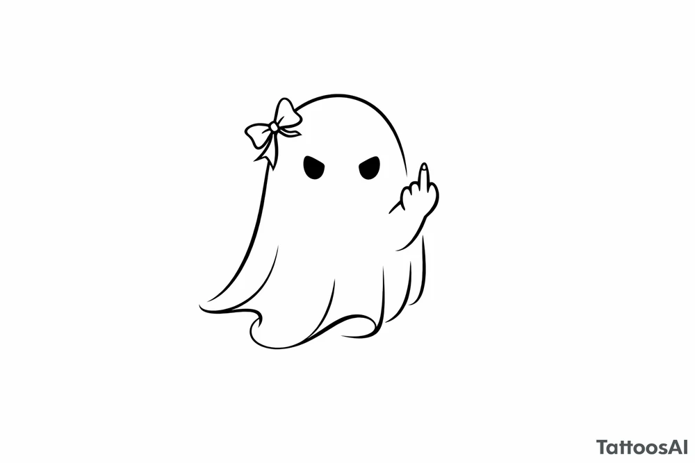 Small ghost silhouette, defiant middle finger, tiny bow detail. tattoo idea