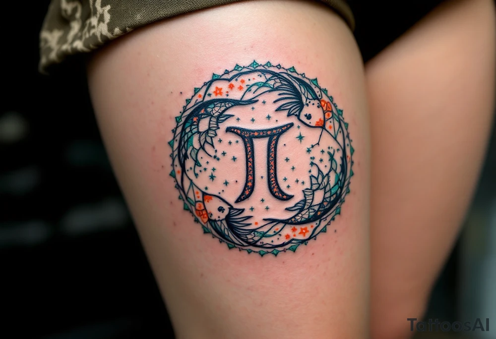 A Pisces star constellation in coral and turquoise threads its way through the Pisces sign in a mandala-style pattern. tattoo idea