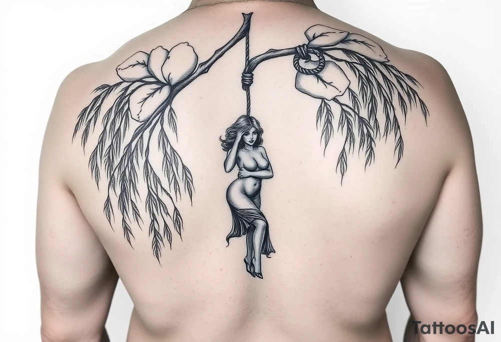 Fat sexy woman hanging with a noose off a weeping willow tree tattoo idea