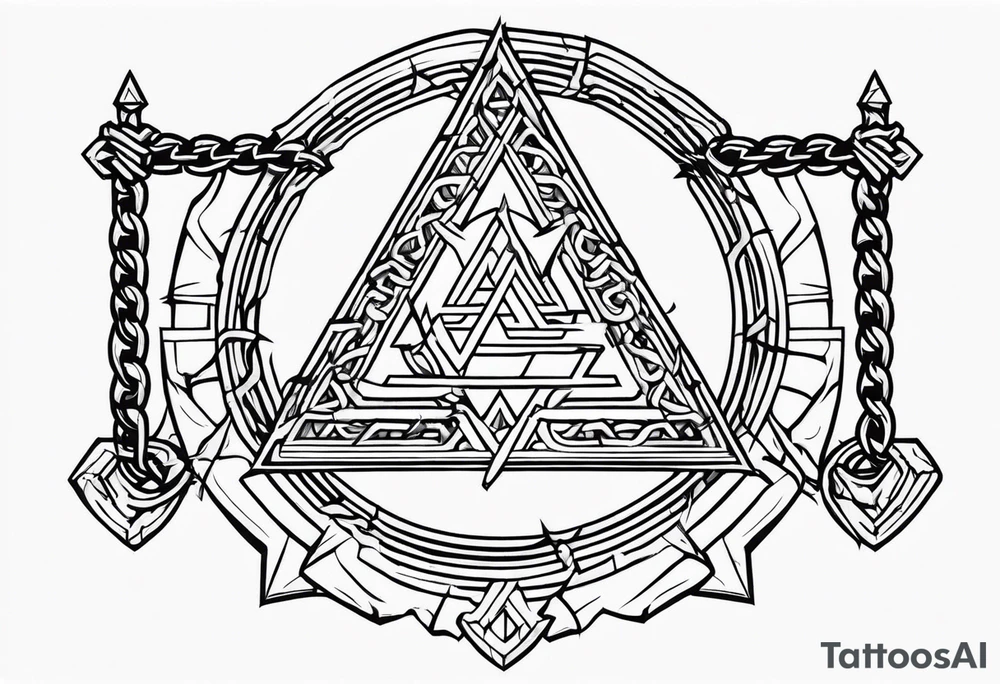 Valhalla sword shield axe barbed wire chains valknut tattoo idea