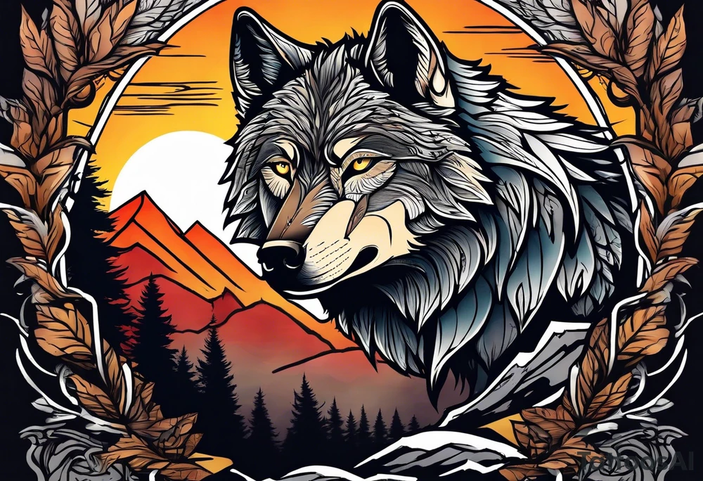 Badass wolf wearing sunglasses
Dark woods
Mountain peaks
Sunset tattoo idea