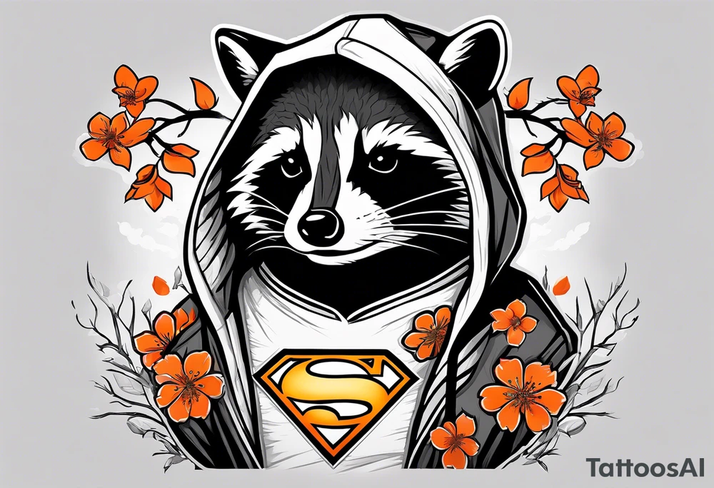 Raccoon wearing a white Superman logo on a black hoodie and orange Japanese cherry blossoms beside tattoo idea