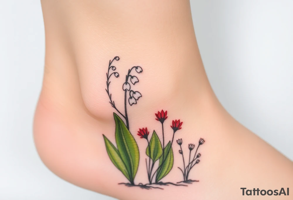 Small White lily in the valley bells growing next to other different colored lilie plants planted 
Under a blooming hawthorn tree tattoo idea