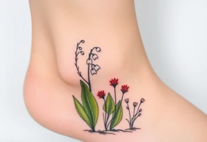 Small White lily in the valley bells growing next to other different colored lilie plants planted 
Under a blooming hawthorn tree tattoo idea