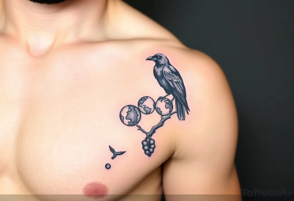 Crow perched on a galactic tree branch pecking at planets attached like grapes/berriez tattoo idea