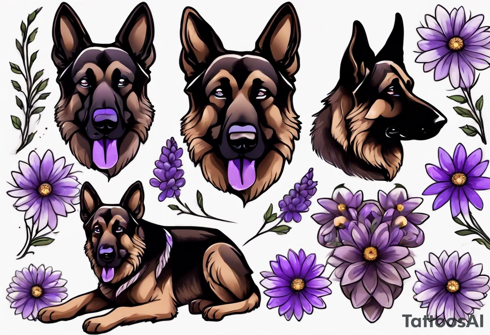 Dark brown German Shepherd with purple daisies tattoo idea