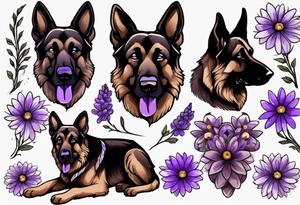 Dark brown German Shepherd with purple daisies tattoo idea